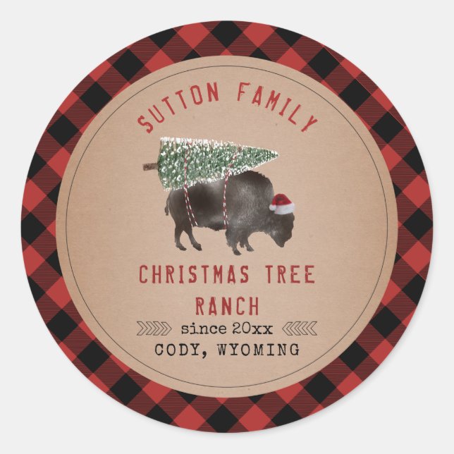 Christmas Tree Ranch Santa Buffalo Rustic Plaid Classic Round Sticker (Front)