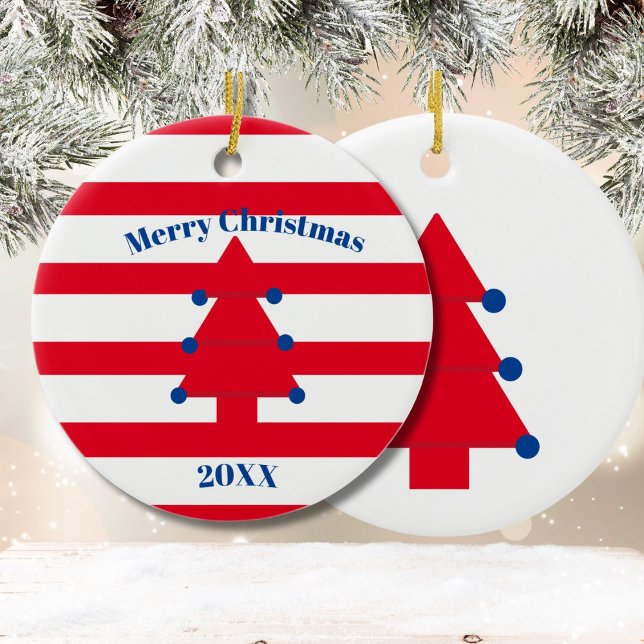 Christmas Tree Red Blue White  Ceramic Ornament (Creator Uploaded)