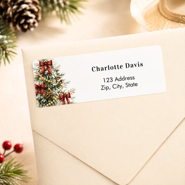 Christmas tree red bows return address label (Creator Uploaded)