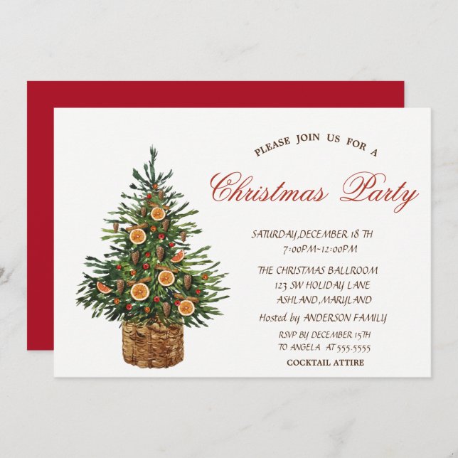 Christmas Tree, Red Christmas Party Invitation (Front/Back)