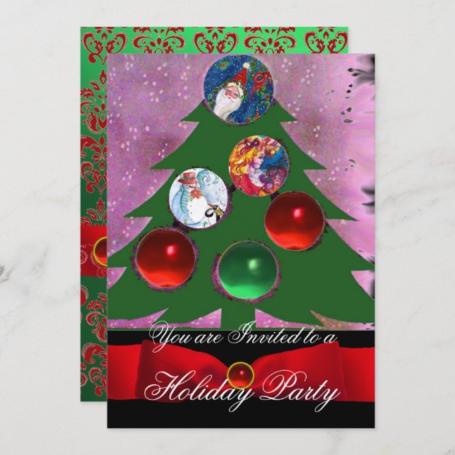 Christmas Tree , Red Green Damask Holiday Party Invitation (Front/Back)