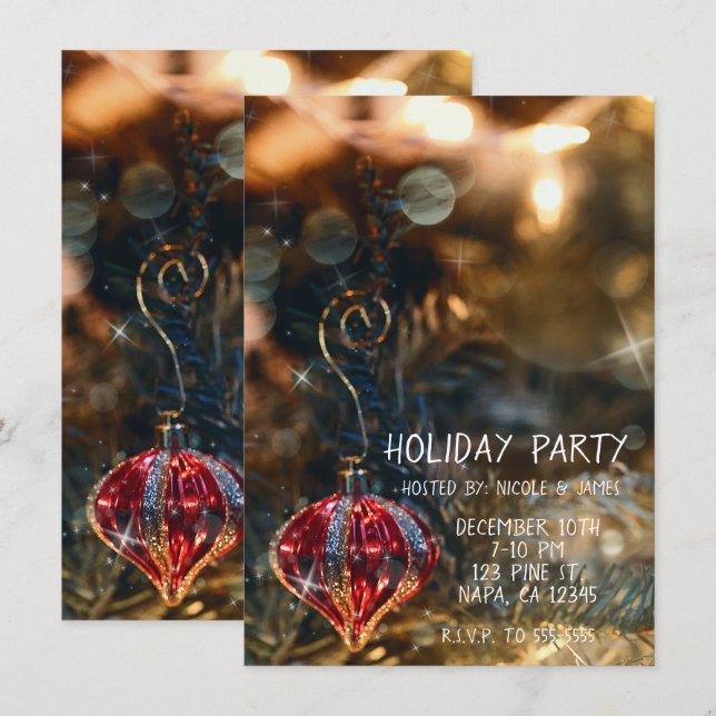 Christmas Tree Red Ornament Holiday Lights Party Invitation (Front/Back)