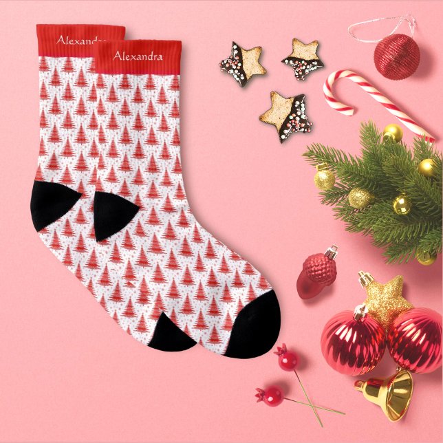 Christmas Tree Red Pattern Personalised Name Socks (Creator Uploaded)