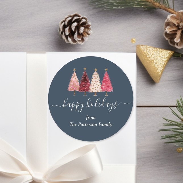 Christmas Tree Red Pink Navy Blue Custom Classic Round Sticker (Christmas Tree Red Pink Navy Blue Custom Classic Round Sticker)