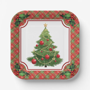 Christmas Tree Red Plaid with Holly Paper Plate