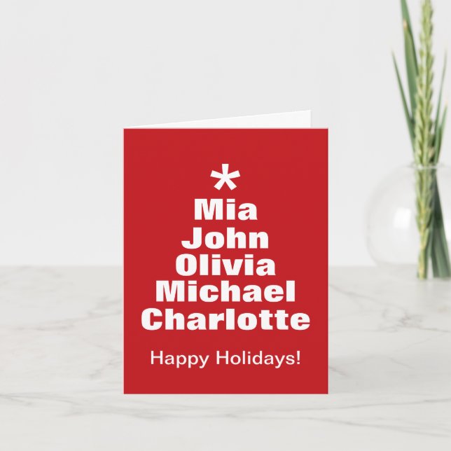 Christmas tree red white custom names modern note card (Front)