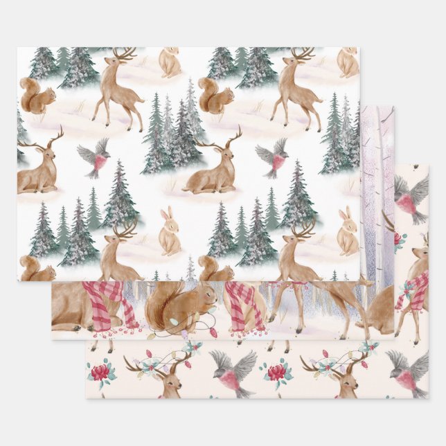 Christmas Tree Reindeer Gift Wrapping Paper Sheet (Set)