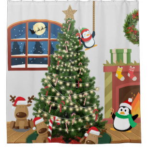 Christmas Tree Reindeer Penguin Candy Cane Shower Curtain