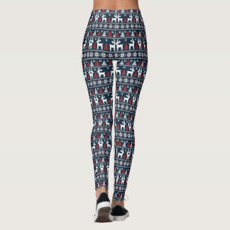 Christmas Tree Reindeer Snowflakes Red White Blue Leggings