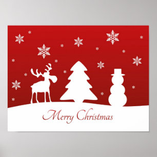 Christmas Tree Reindeer Snowman - Poster Print