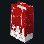 Christmas Tree Reindeer Snowman Small Gift Bag<br><div class="desc">Modern minimalist simple Christmas illustration featuring white silhouettes of reindeer,  tree,  snowman and snowflakes with Merry Christmas greeting on a red background.</div>
