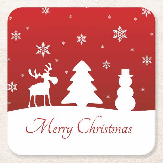 Christmas Tree Reindeer Snowman Square Paper Coaster (Front)