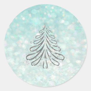 Christmas tree Romantic Glitter sparkle pale blue Classic Round Sticker