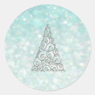 Christmas tree Romantic Glitter sparkle pale blue Classic Round Sticker