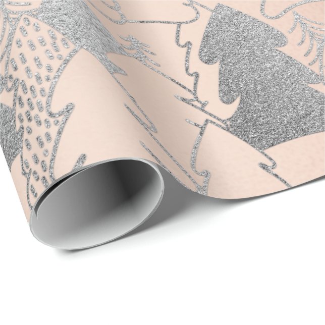 Christmas Tree Rose Gold Silver Grey Glitter Wood Wrapping Paper (Roll Corner)