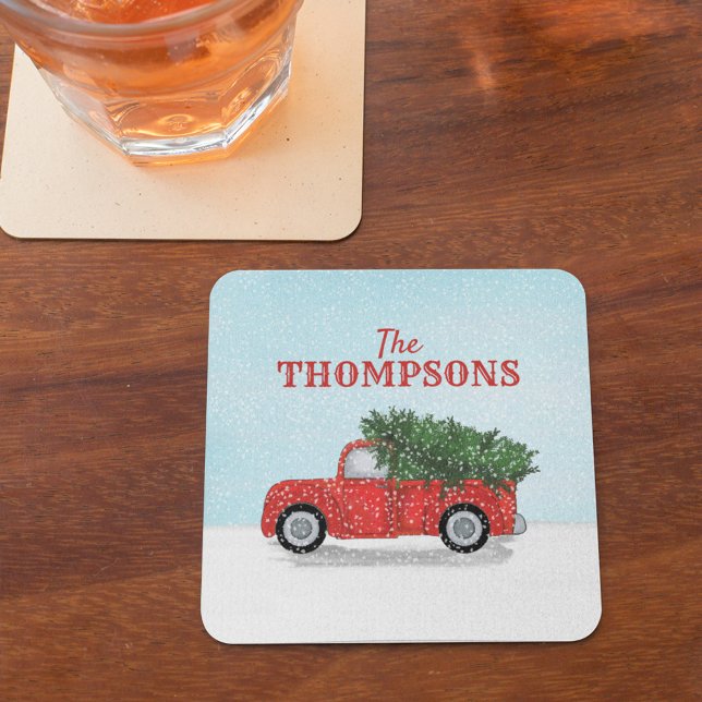 Christmas Tree Rustic Truck Personalized Vintage Coaster (Christmas classic rustic red truck holiday paper party coaster. )