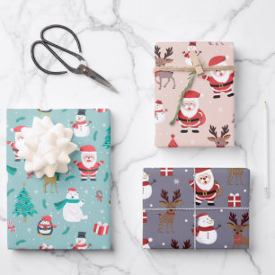 Christmas Tree Santa Claus Reindeer Snowman Blue Wrapping Paper Sheet