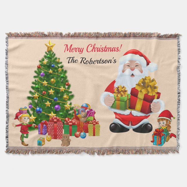 Christmas Tree Santa & Elves Add Name Gift Throw B Blanket (Front)
