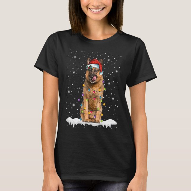 Christmas Tree Santa Hat German Shepherd Dog Pet L T-Shirt (Front)