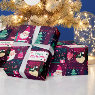 Christmas Tree Santa House Snowflakes Wrapping Paper