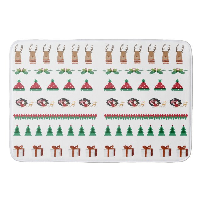 Christmas Tree Santa Reindeer Presents Red Green Bath Mat (Front)