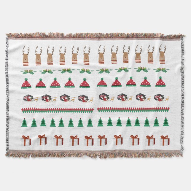 Christmas Tree Santa Reindeer Presents Red Green Throw Blanket (Front)