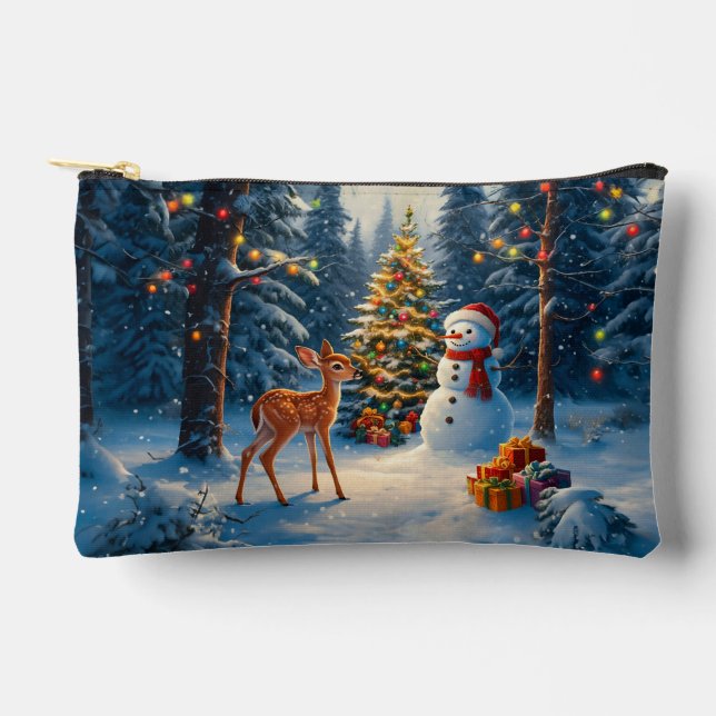 Christmas Tree Scene Cute Deer Fawn Snowman Accessory Pouch (Front)