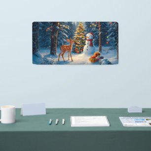 Christmas Tree Scene Cute Deer Fawn Snowman Banner