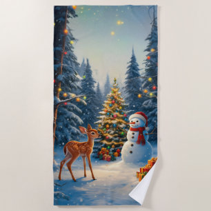Christmas Tree Scene Cute Deer Fawn Snowman Beach Towel