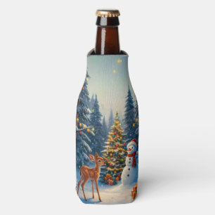 Christmas Tree Scene Cute Deer Fawn Snowman Bottle Cooler