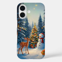 Christmas Tree Scene Cute Deer Fawn Snowman