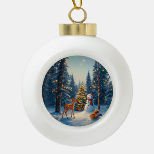Christmas Tree Scene Cute Deer Fawn Snowman Ceramic Ball Christmas Ornament