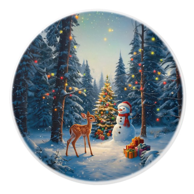 Christmas Tree Scene Cute Deer Fawn Snowman Ceramic Knob (Front)
