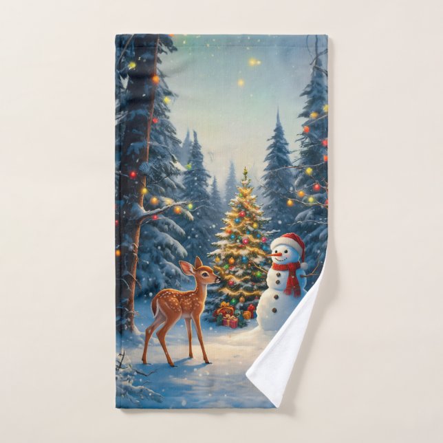 Christmas Tree Scene Cute Deer Fawn Snowman Hand Towel (Hand Towel)
