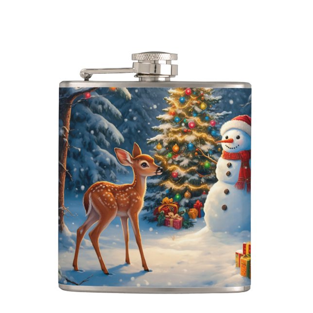 Christmas Tree Scene Cute Deer Fawn Snowman Hip Flask (Front)