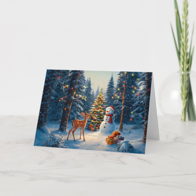 Christmas Tree Scene Cute Deer Fawn Snowman Holiday Card (Front)
