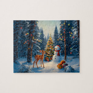 Christmas Tree Scene Cute Deer Fawn Snowman Jigsaw Puzzle