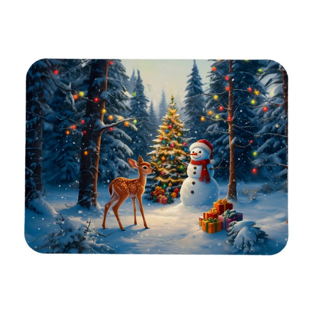 Christmas Tree Scene Cute Deer Fawn Snowman Magnet (Horizontal)