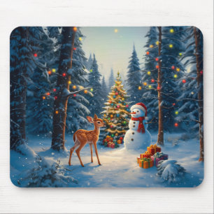 Christmas Tree Scene Cute Deer Fawn Snowman Mouse Pad