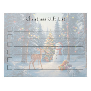 Christmas Tree Scene Cute Deer Fawn Snowman Notepad