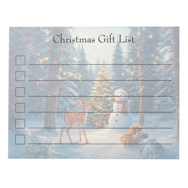 Christmas Tree Scene Cute Deer Fawn Snowman Notepad (Front)