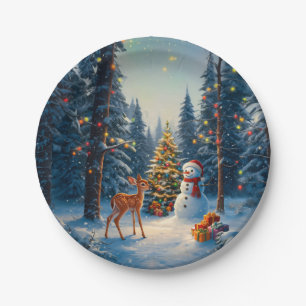 Christmas Tree Scene Cute Deer Fawn Snowman Paper Plate