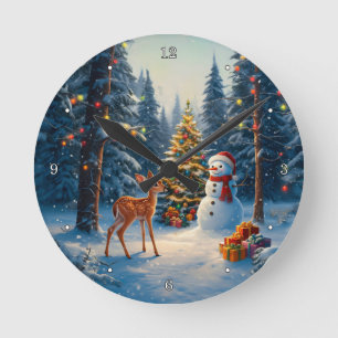 Christmas Tree Scene Cute Deer Fawn Snowman Round Clock