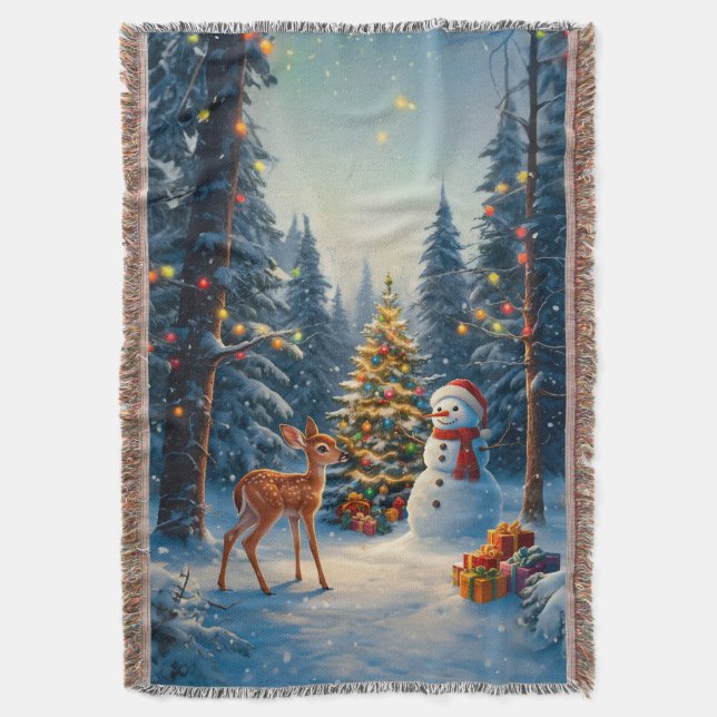 Christmas Tree Scene Cute Deer Fawn Snowman Throw Blanket (Front Vertical)