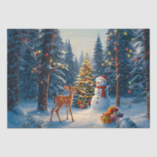 Christmas Tree Scene Cute Deer Fawn Snowman Tissue Paper