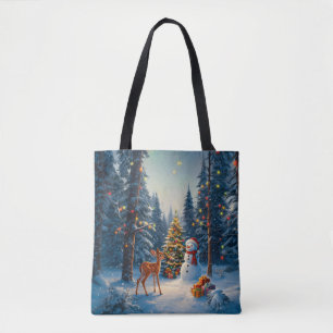 Christmas Tree Scene Cute Deer Fawn Snowman Tote Bag