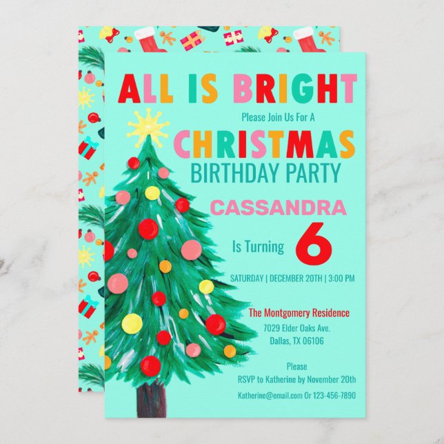 Christmas Tree Sea Green Christmas Birthday Party Invitation (Front/Back)