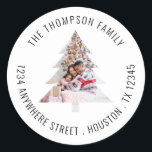 Christmas Tree Shape Photo Return Name Address Classic Round Sticker<br><div class="desc">Christmas Tree Shape Photo Return Name Address. Your return name and address details,  which you can easily personalise,  are curved above and below your photo in a Christmas tree shape. Simply replace he sample image with your own.</div>