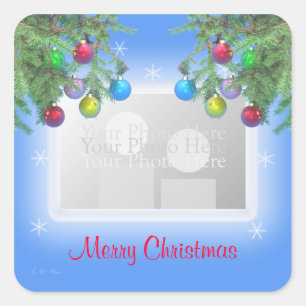 Christmas Tree Shine on Blue (photo frame) Square Sticker