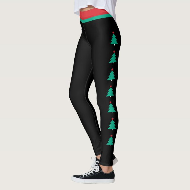 Christmas Tree Side Stripe Black Leggings (Left)